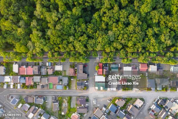 aerial view of residential by the forest - hokkaido city stock pictures, royalty-free photos & images