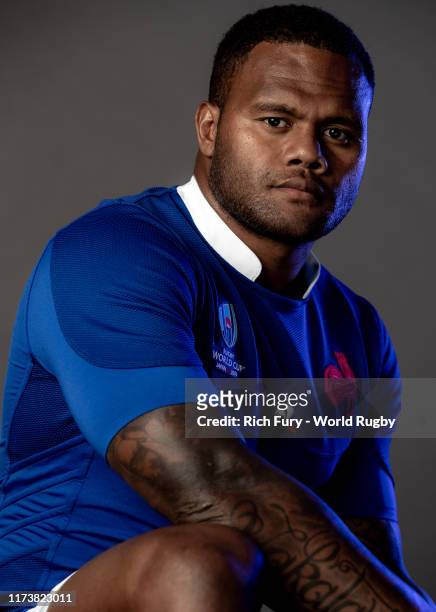 Virimi Vakatawa of France poses for a portrait during the France Rugby World Cup 2019 squad photo call on September 10, 2019 in Fujiyoshida,...