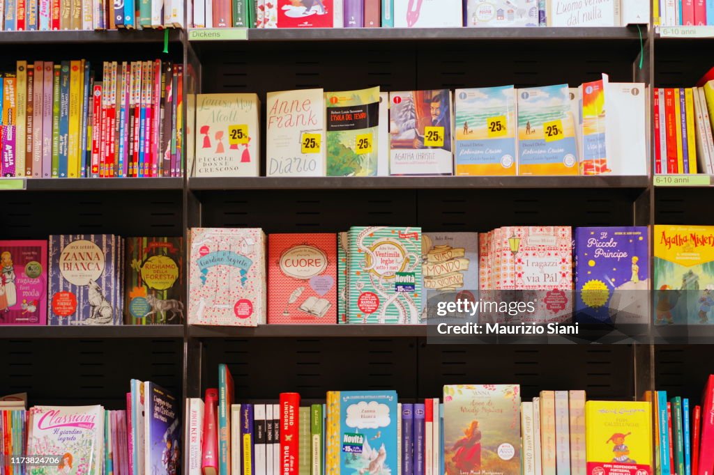 Books on shelves in bookstore