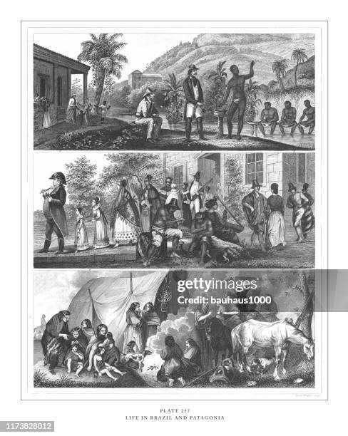 stockillustraties, clipart, cartoons en iconen met leven in brazilië en patagonië gravure antieke illustratie, gepubliceerd 1851 - sect