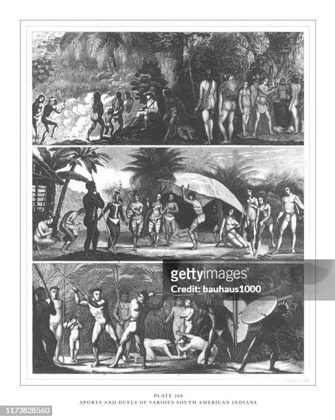 stockillustraties, clipart, cartoons en iconen met sport en duels van verschillende zuid-amerikaanse indianen gravure antieke illustratie, gepubliceerd 1851 - sect
