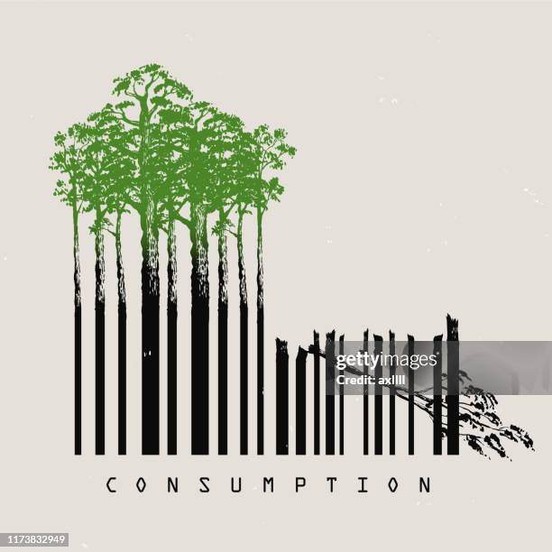 ilustraciones, imágenes clip art, dibujos animados e iconos de stock de consumo de deforestación - bar code