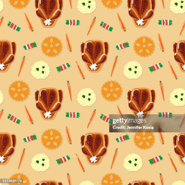 seamless thanksgiving dinner illustration pattern, beige background - chicken mashed potatoes stock illustrations
