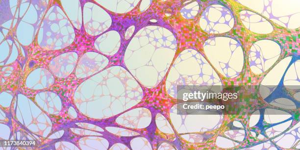 abstract multi-coloured organic shapes made from separate elements connected together - biology pattern stock pictures, royalty-free photos & images