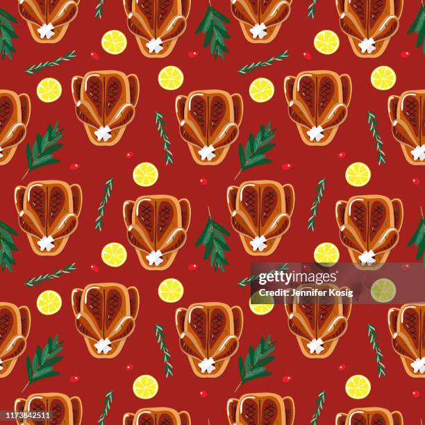 seamless christmas roasted dinner illustration pattern, red background - stuffed turkey stock illustrations
