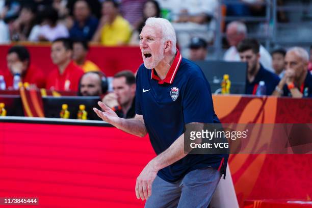 Coach Gregg Popovich of USA reacts during FIBA World Cup 2019 quarter-final match between the United States and France at Dongguan Basketball Center...