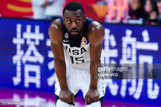 Kemba Walker of USA reacts during FIBA World Cup 2019 quarter-final match between the United States and France at Dongguan Basketball Center on...