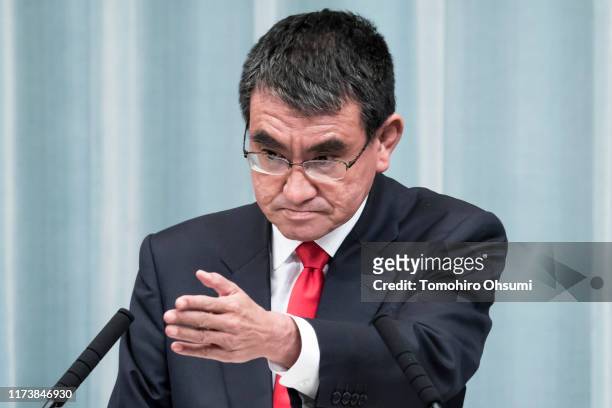 Japan's newly appointed Defense Minister Taro Kono speaks during a press conference at the prime minister's official residence on September 11, 2019...