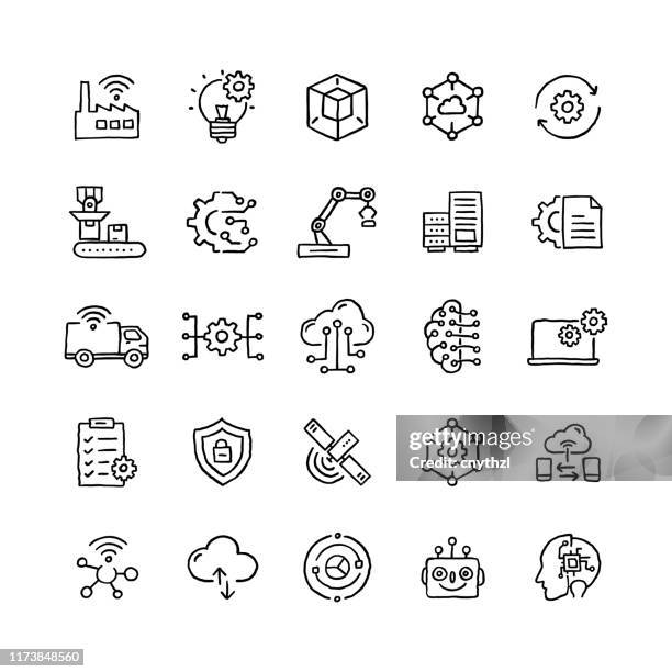 set of industry 4.0 related objects and elements. hand drawn vector doodle illustration collection. hand drawn icon set. - revolution icon stock illustrations