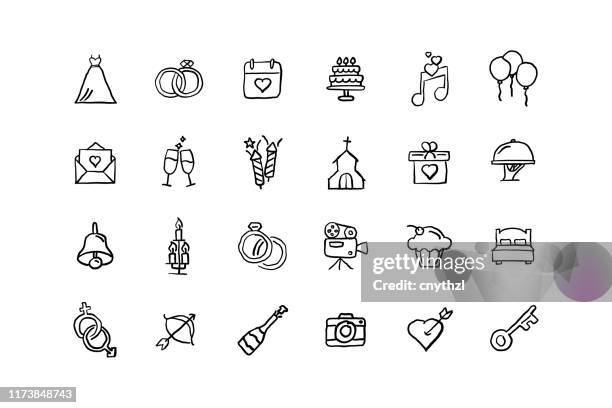 satz von hochzeit verwandten objekten und elementen. hand gezeichnet vektor doodle illustration sammlung. hand gezeichnetes symbol-set. - kirche stock-grafiken, -clipart, -cartoons und -symbole