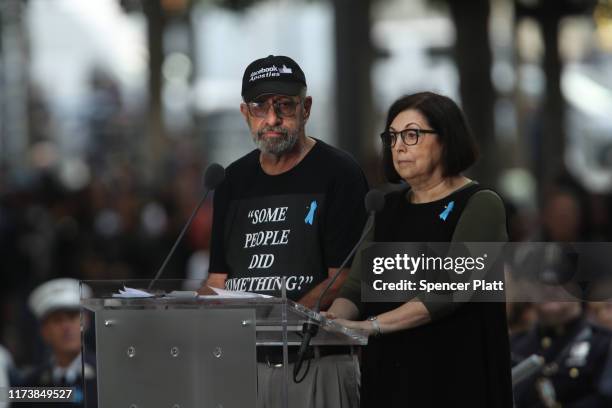 Nicholas Haros, who lost his mother Frances in the September 11 terrorist attacks, wears a shirt critical of Representative Ilhan Omar's comments...