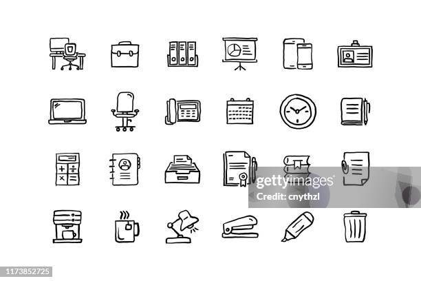 satz von workspace-bezogenen objekten und elementen. hand gezeichnet vektor doodle illustration sammlung. hand gezeichnetes symbol-set. - schreibtisch stock-grafiken, -clipart, -cartoons und -symbole