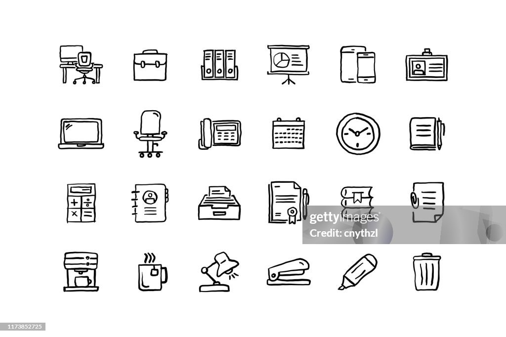 Set of Workspace related objects and elements. Hand drawn vector doodle illustration collection. Hand drawn icon set.