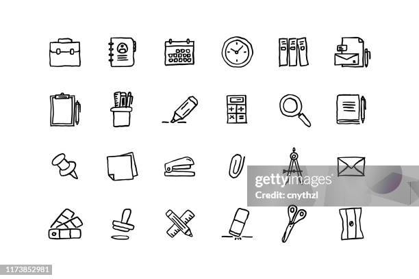 set of stationery related objects and elements. hand drawn vector doodle illustration collection. hand drawn icon set. - case file folder stock illustrations