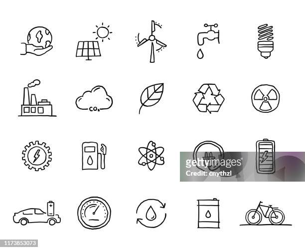 set of green energy related objects and elements. hand drawn vector doodle illustration collection. hand drawn icon set. - sky and trees green leaf illustration stock illustrations