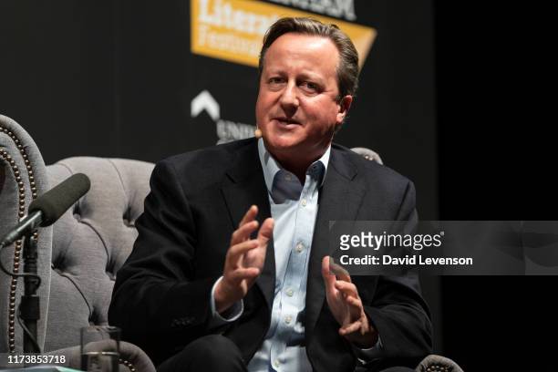 David Cameron, former UK Prime Minister, discusses his new memoir, 'For the Record' at the Cheltenham Literature Festival 2019 on October 5, 2019 in...