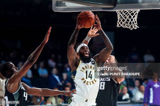 Indiana Pacers player JaKarr Sampson shoots the ball during the second pre-season NBA basketball game between Sacramento Kings and Indiana Pacers at...