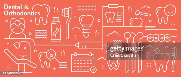 stockillustraties, clipart, cartoons en iconen met vector tandheelkundige en orthodontie banner ontwerp in trendy lineaire stijl. lijn art stijl abstract patroon voor web pagina, banner, presentatie - dental hygiene