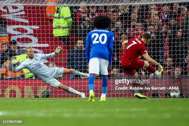 James Milner of Liverpool scores a goal to make it 2-1 during the Premier League match between Liverpool FC and Leicester City at Anfield on October...