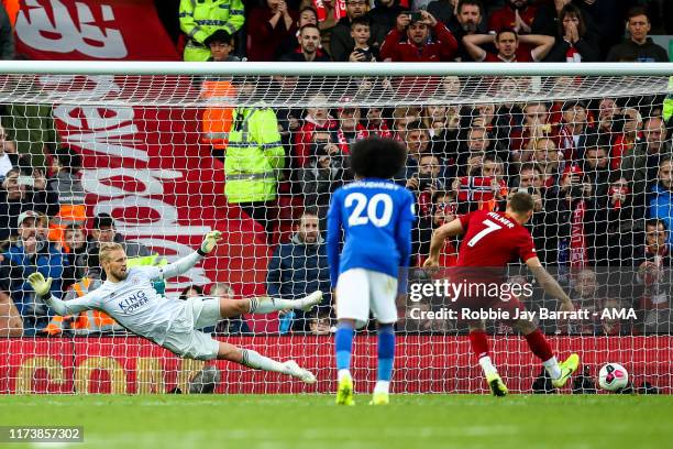 James Milner of Liverpool scores a goal to make it 2-1 during the Premier League match between Liverpool FC and Leicester City at Anfield on October...