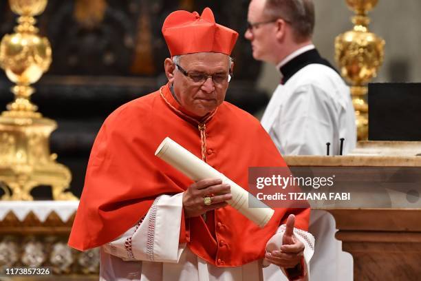 New Cardinal Guatemalan prelate Alvaro Leonel Ramazzini Imeri recats after he was appointed by the Pope during an Ordinary Public Consistory for the...