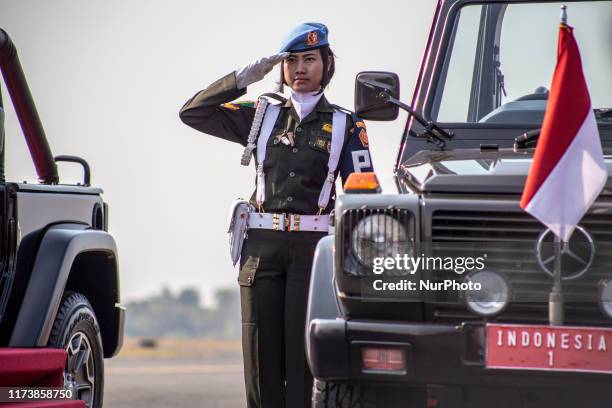 Jakarta, Indonesia, 05 October 2019 :A woman soldier that force inspection during the ceremonial. Will drive Indonesian president for Indonesia...