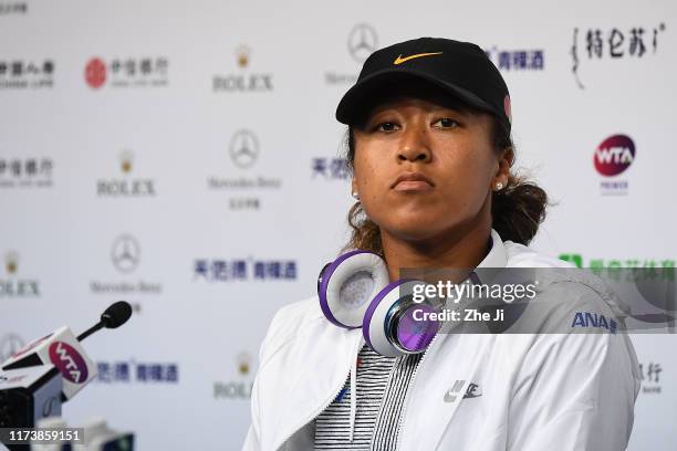 Naomi Osaka of Japan attends a press conference after Women's Semifinal match against Caroline Wozniacki of Denmark during the 2019 China Open at the...