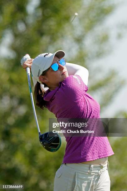 Katherine Perry watches her tee shot on the sixth hole during the Third Round of the Volunteers of America Classic golf tournament at the Old...