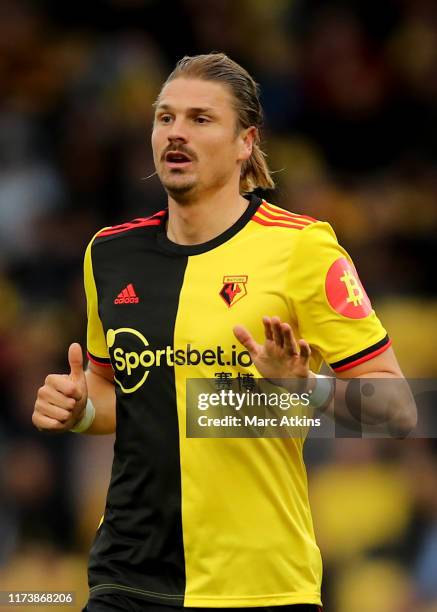 Sebastian Prodl of Watford during the Premier League match between Watford FC and Sheffield United at Vicarage Road on October 5, 2019 in Watford,...