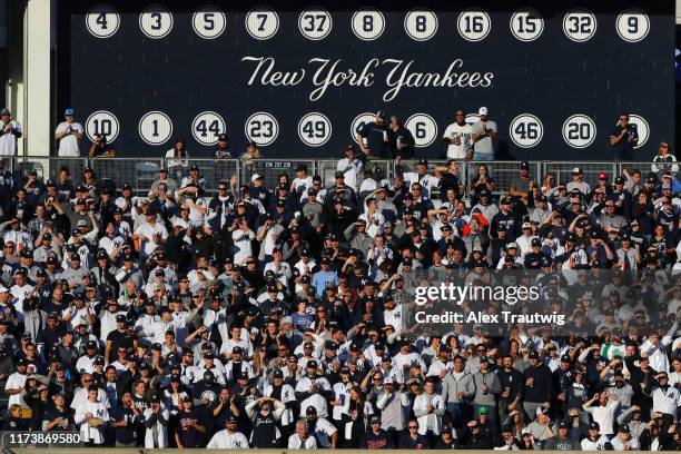 Yankee fans cheer during the ALDS Game 2 between the Minnesota Twins and the New York Yankees at Yankee Stadium on Saturday, October 5, 2019 in the...