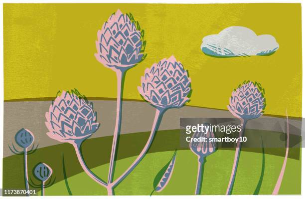 countryside scene with wild flowers and seed heads - linocut stock illustrations