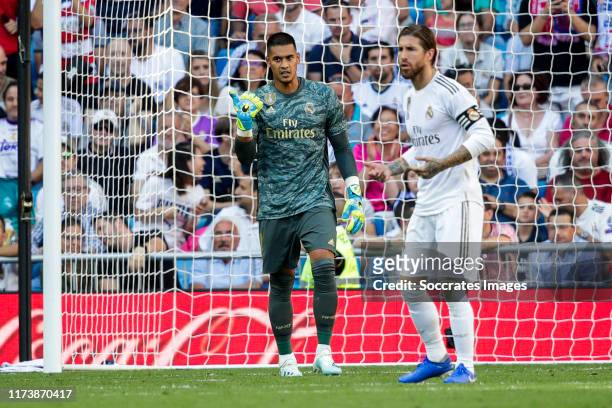 Areola of Real Madrid, Sergio Ramos of Real Madrid during the La Liga Santander match between Real Madrid v Granada at the Santiago Bernabeu on...