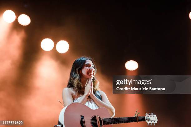 Ana Caetano of Anavitoria performs live on stage during day 6 of Rock In Rio Music Festival at Cidade do Rock on October 5, 2019 in Rio de Janeiro,...