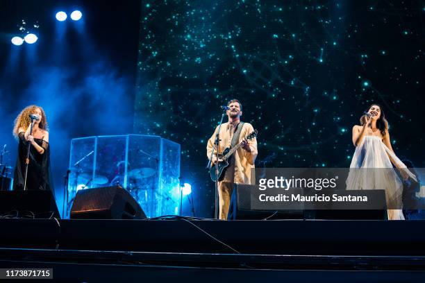 Ana Caetano, Saulo Fernandes and Vitoria Falcao of Anavitoria performs live on stage during day 6 of Rock In Rio Music Festival at Cidade do Rock on...