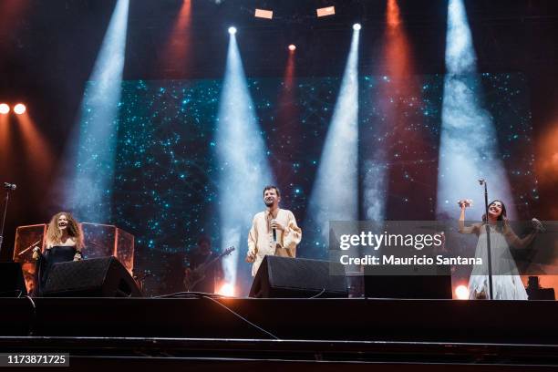 Ana Caetano, Saulo Fernandes and Vitoria Falcao of Anavitoria performs live on stage during day 6 of Rock In Rio Music Festival at Cidade do Rock on...