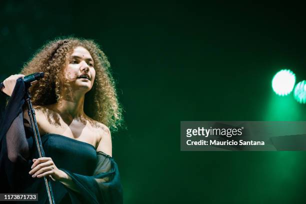Vitoria Falcao of Anavitoria performs live on stage during day 6 of Rock In Rio Music Festival at Cidade do Rock on October 5, 2019 in Rio de...