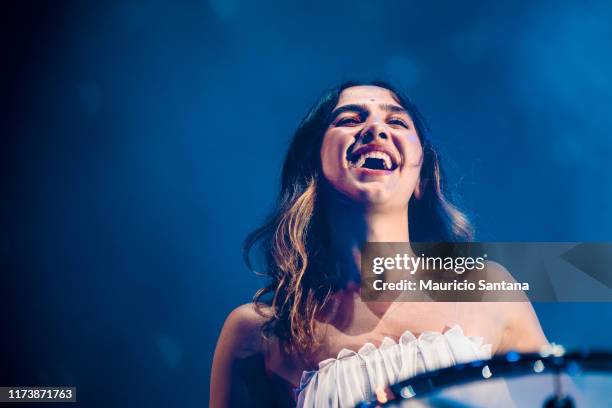 Ana Caetano of Anavitoria performs live on stage during day 6 of Rock In Rio Music Festival at Cidade do Rock on October 5, 2019 in Rio de Janeiro,...