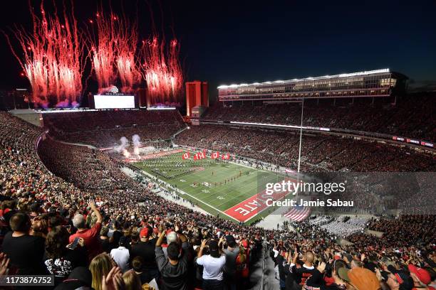 Fireworks go off as the Ohio State Buckeyes take the field for a game against the Michigan State Spartans at Ohio Stadium on October 5, 2019 in...