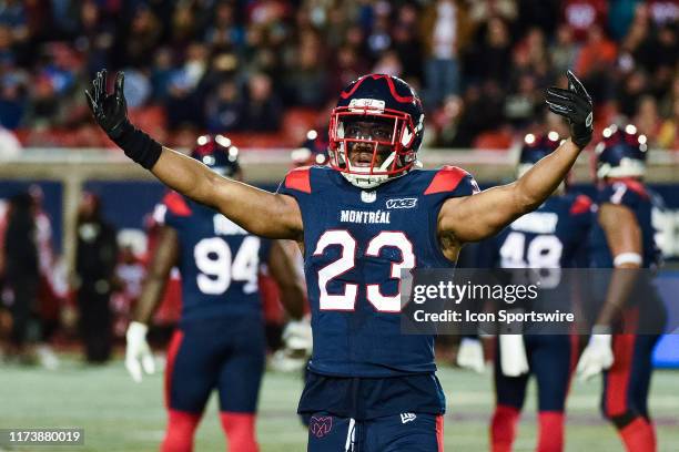 Montreal Alouettes defensive back Tommie Campbell asks the crowd to make some noise during the Calgary Stampeders versus the Montreal Canadiens game...