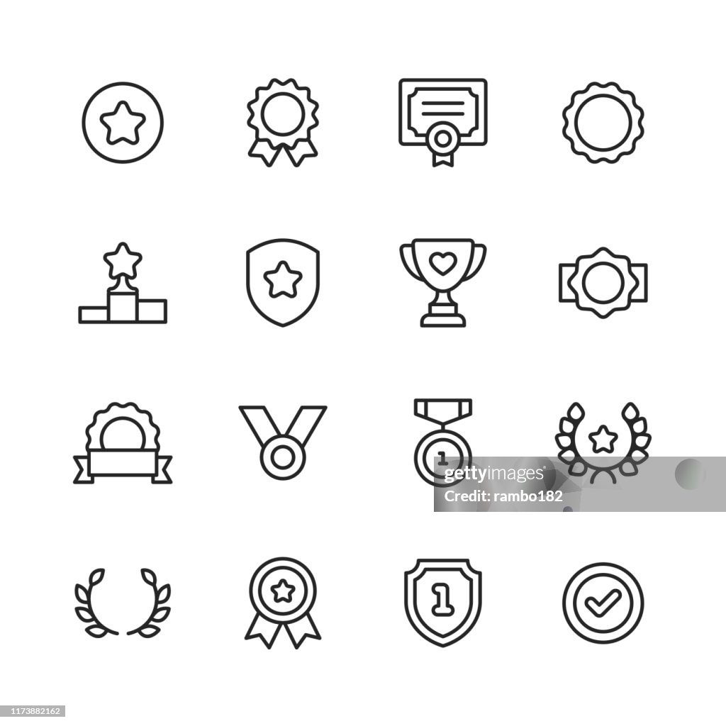 Awards and Achievement Line Icons. Editable Stroke. Pixel Perfect. For Mobile and Web. Contains such icons as Award, Medal, Gold, Achievement, Success, Podium, Winning.