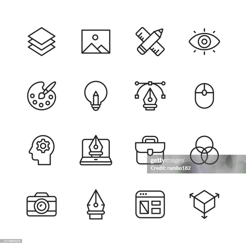 Graphic Design and Creativity Line Icons. Editable Stroke. Pixel Perfect. For Mobile and Web. Contains such icons as Graphic Design, Art Tools, Image, Image Layer, Pen, Computer Mouse, Creativity, Colour Palette, Layout, Photography.