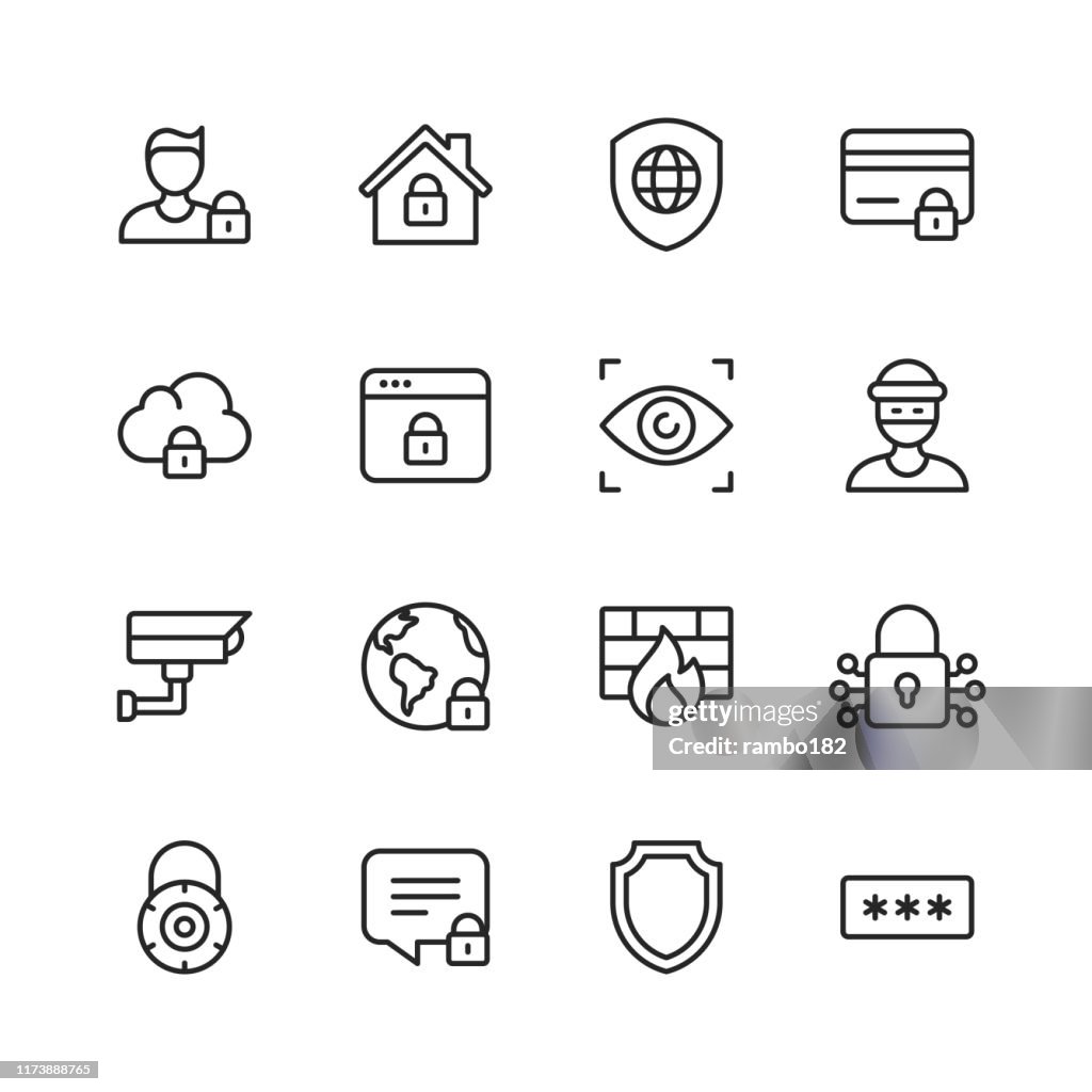 Security Line Icons. Editable Stroke. Pixel Perfect. For Mobile and Web. Contains such icons as Cybersecurity, Home Security, Thief, Security Camera, Password Protection, Cryptography.