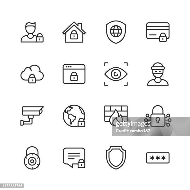 security line icons. editable stroke. pixel perfect. for mobile and web. contains such icons as cybersecurity, home security, thief, security camera, password protection, cryptography. - police shield stock illustrations