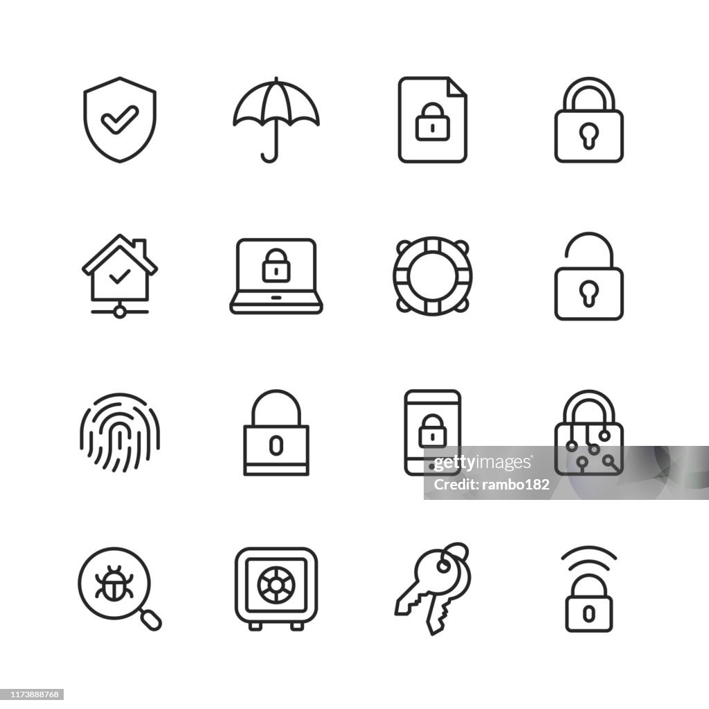 Icone della linea di sicurezza. Tratto modificabile. Pixel Perfetto. Per dispositivi mobili e Web. Contiene icone come Sicurezza, Scudo, Assicurazione, Lucchetto, Rete informatica, Supporto, Chiavi, Sicuro, Bug, Sicurezza Informatica.
