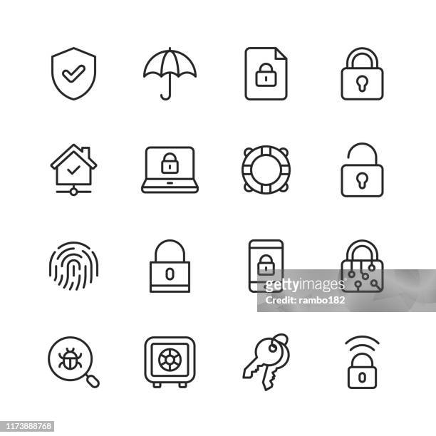 stockillustraties, clipart, cartoons en iconen met pictogrammen voor beveiligings lijnen. bewerkbare lijn. pixel perfect. voor mobiel en internet. bevat dergelijke iconen zoals veiligheid, schild, verzekering, hangslot, computernetwerk, ondersteuning, sleutels, safe, bug, cyber security. - pictogram