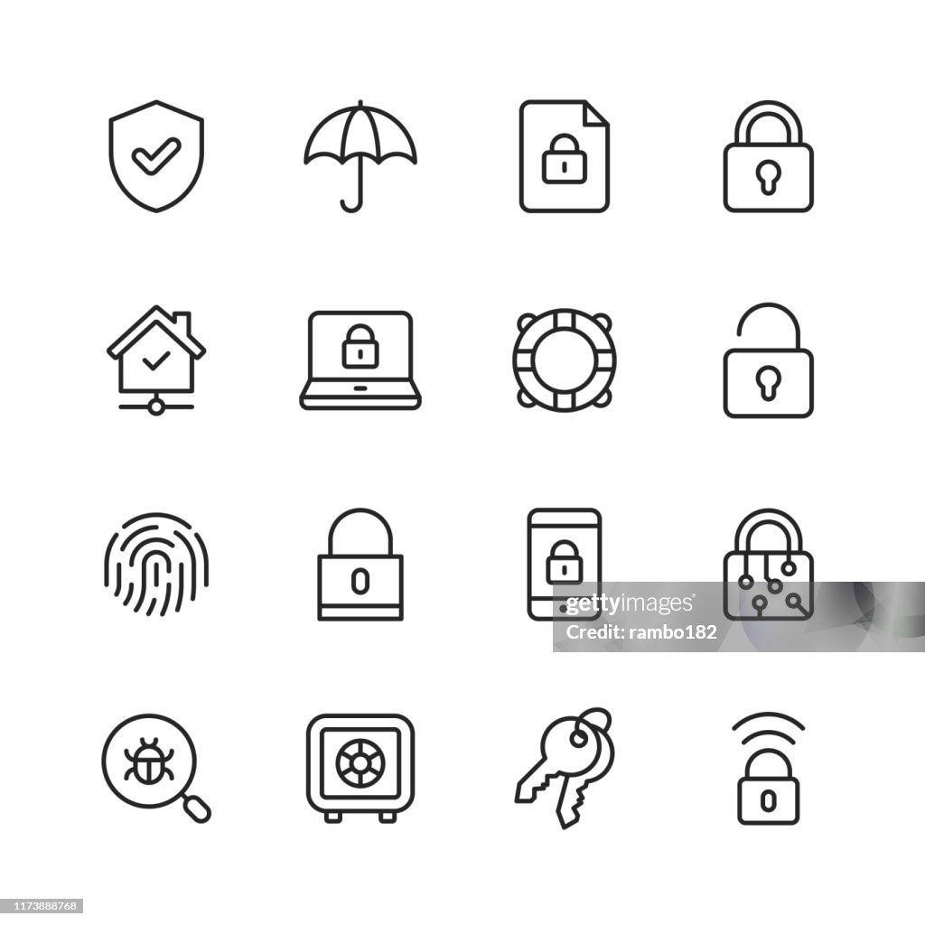 Security Line Icons. Editable Stroke. Pixel Perfect. For Mobile and Web. Contains such icons as Security, Shield, Insurance, Padlock, Computer Network, Support, Keys, Safe, Bug, Cybersecurity.