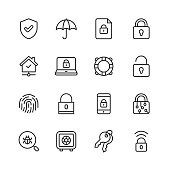 Security Line Icons. Editable Stroke. Pixel Perfect. For Mobile and Web. Contains such icons as Security, Shield, Insurance, Padlock, Computer Network, Support, Keys, Safe, Bug, Cybersecurity.