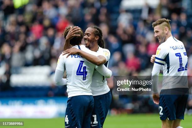 Preston North End midfielder Daniel Johnson congratulates goalscorer Preston North End midfielder Ben Pearson during the Sky Bet Championship match...