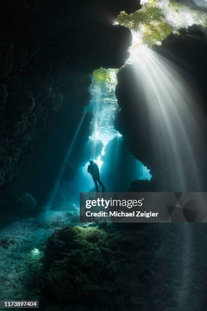 sun beams in a cavern with diver - mergulho autónomo imagens e fotografias de stock