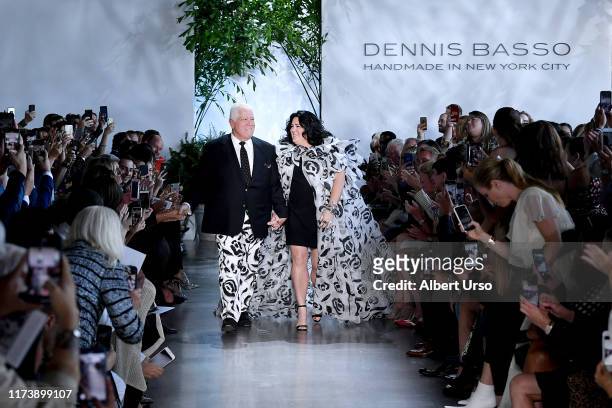 Designer Dennis Basso and Ashley Longshore walk the runway for Dennis Basso during New York Fashion Week: The Shows at Gallery I at Spring Studios on...